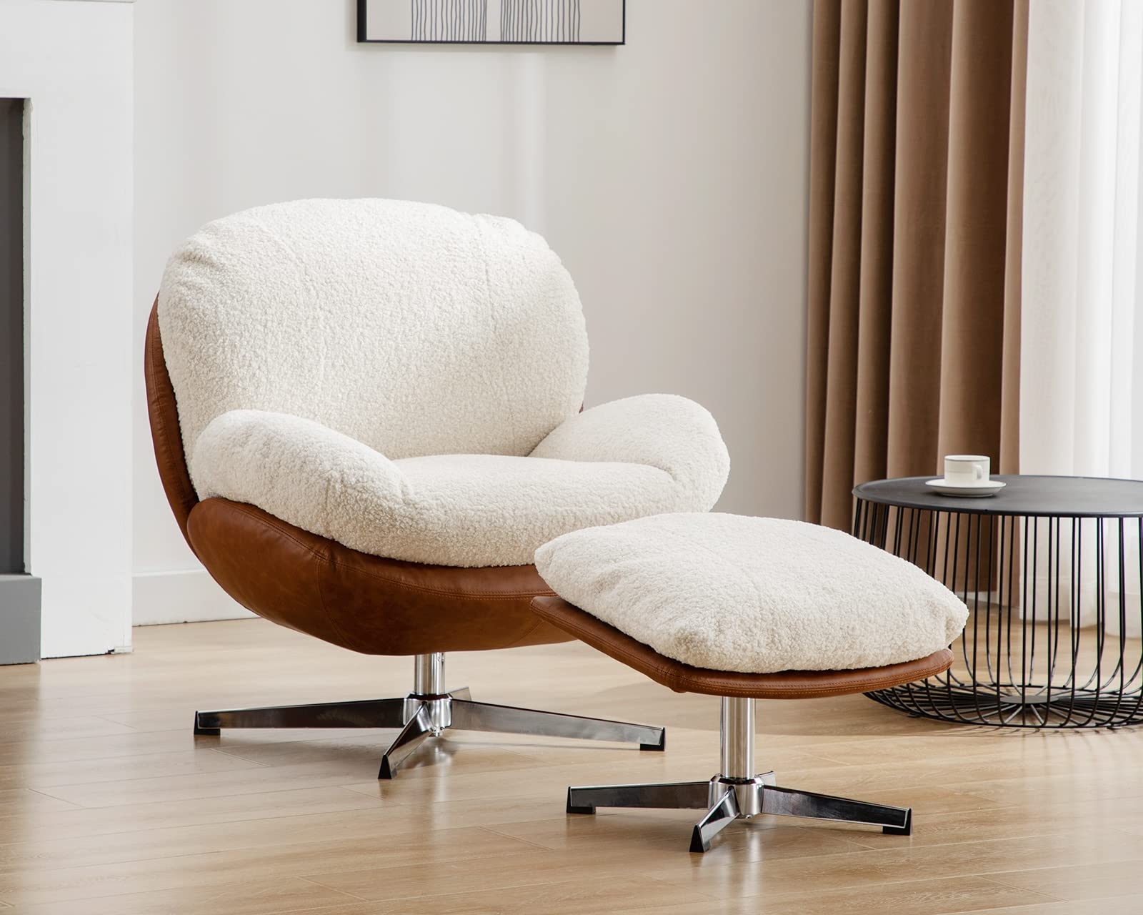 Lounge Chair And Ottoman with Mixed Texture Shell and Boucle