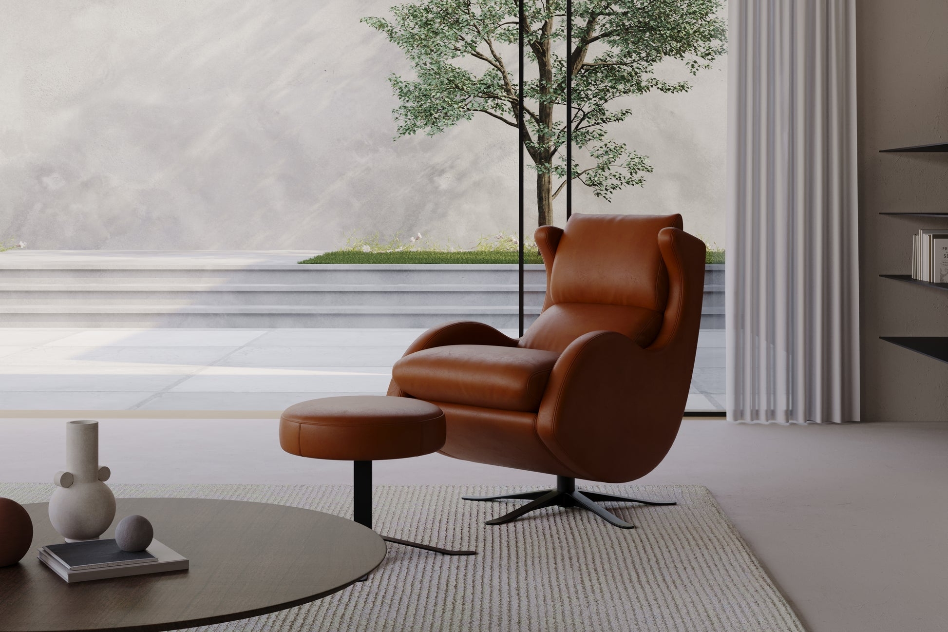 Lounge Chair Ottoman Set with Wingback Profile and Cognac Base