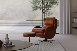 Lounge Chair Ottoman Set with Wingback Profile and Cognac Base