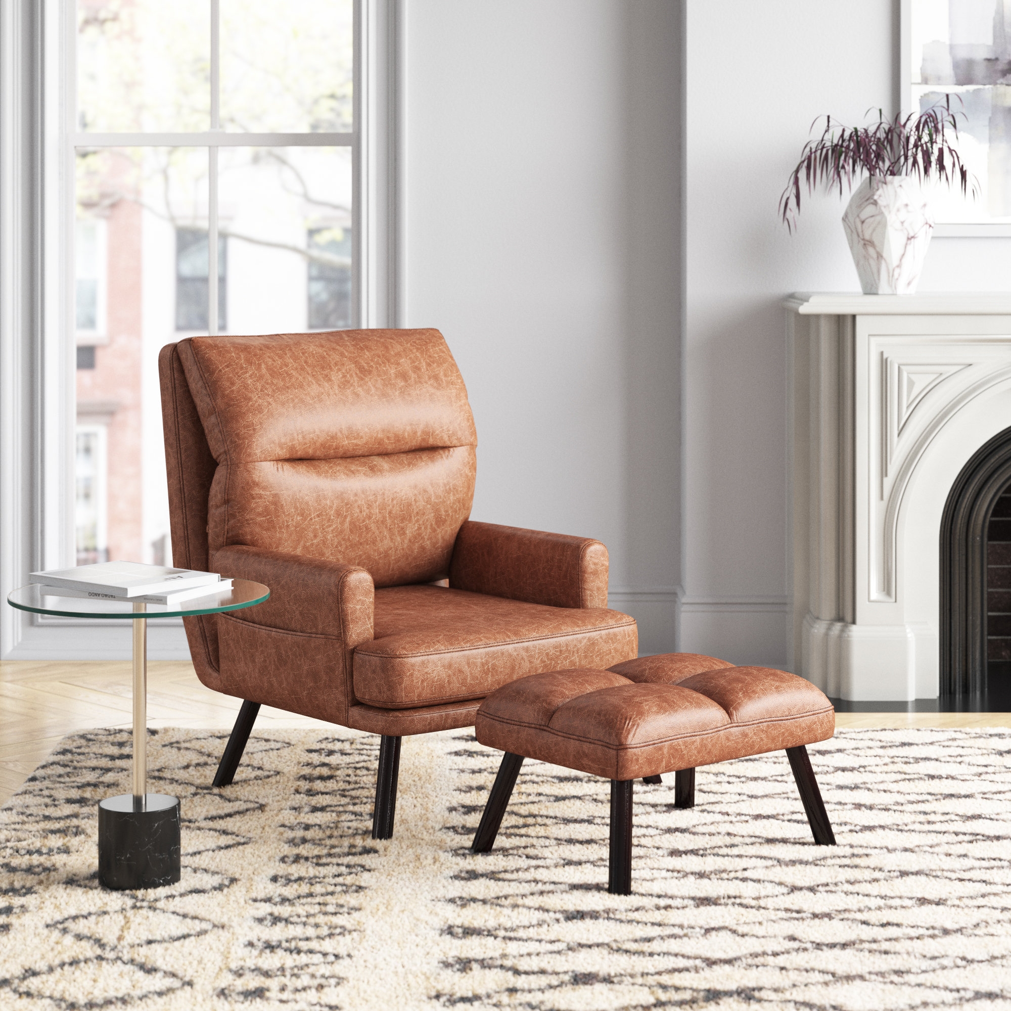 Lounge Chair with Cognac Brown Quadrant Tufted Ottoman