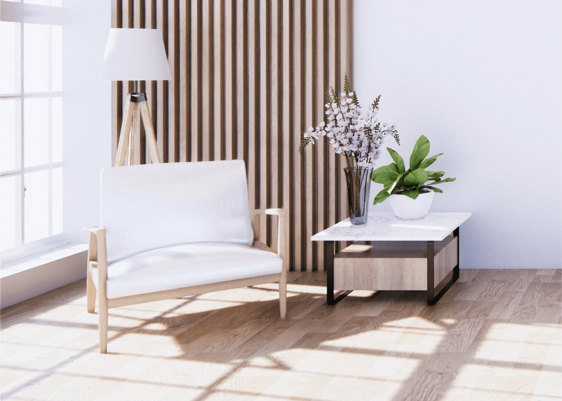 Lounge Chair With Slat Wood Wall In Minimalist Lounge Corner
