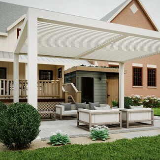 Louvered Pergola Featuring Integrated Lighting and Louvers
