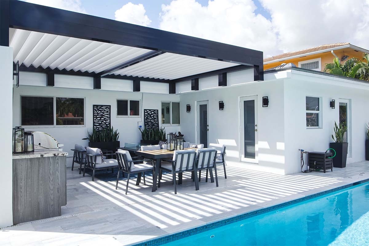 Louvered Pergola Featuring Roof Mount Risers and Black Frame