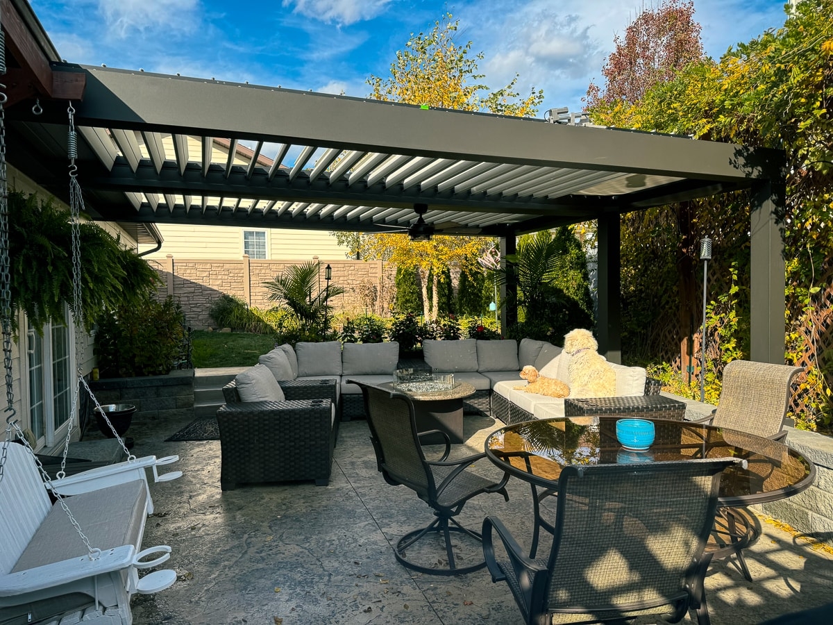 Louvered Pergola With Adjustable Slats and Integrated Fan