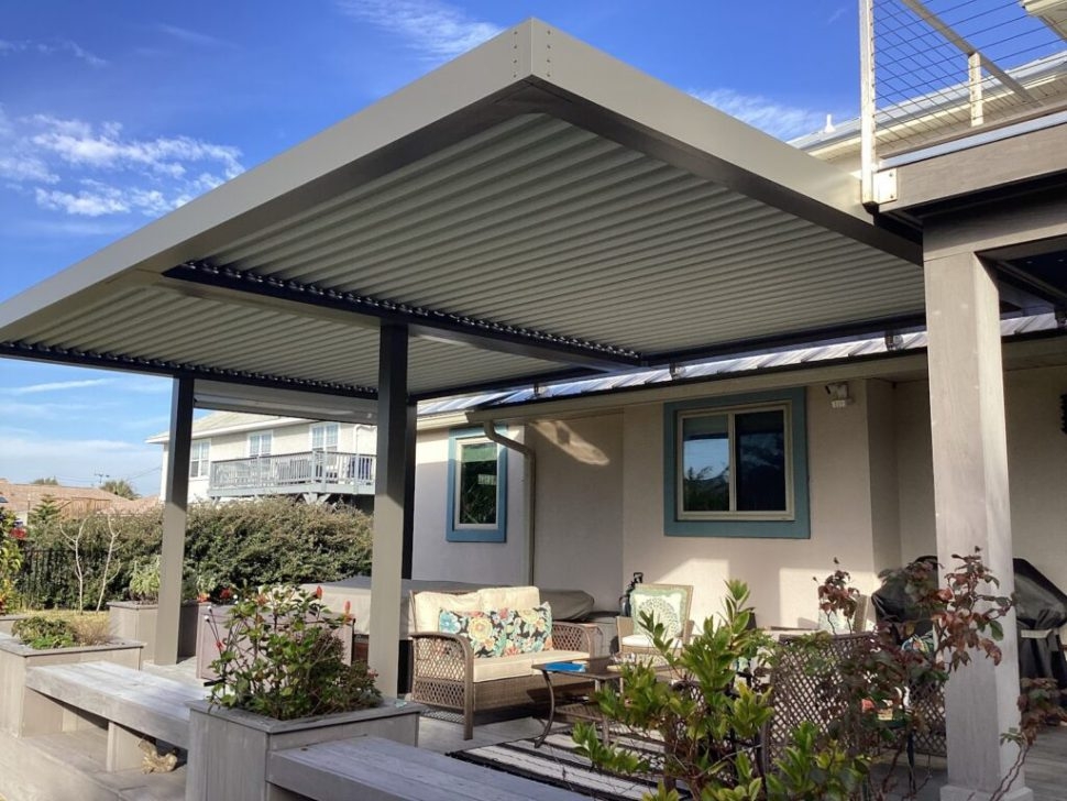 Louvered Pergola With Charcoal Frame and Built-In Planters