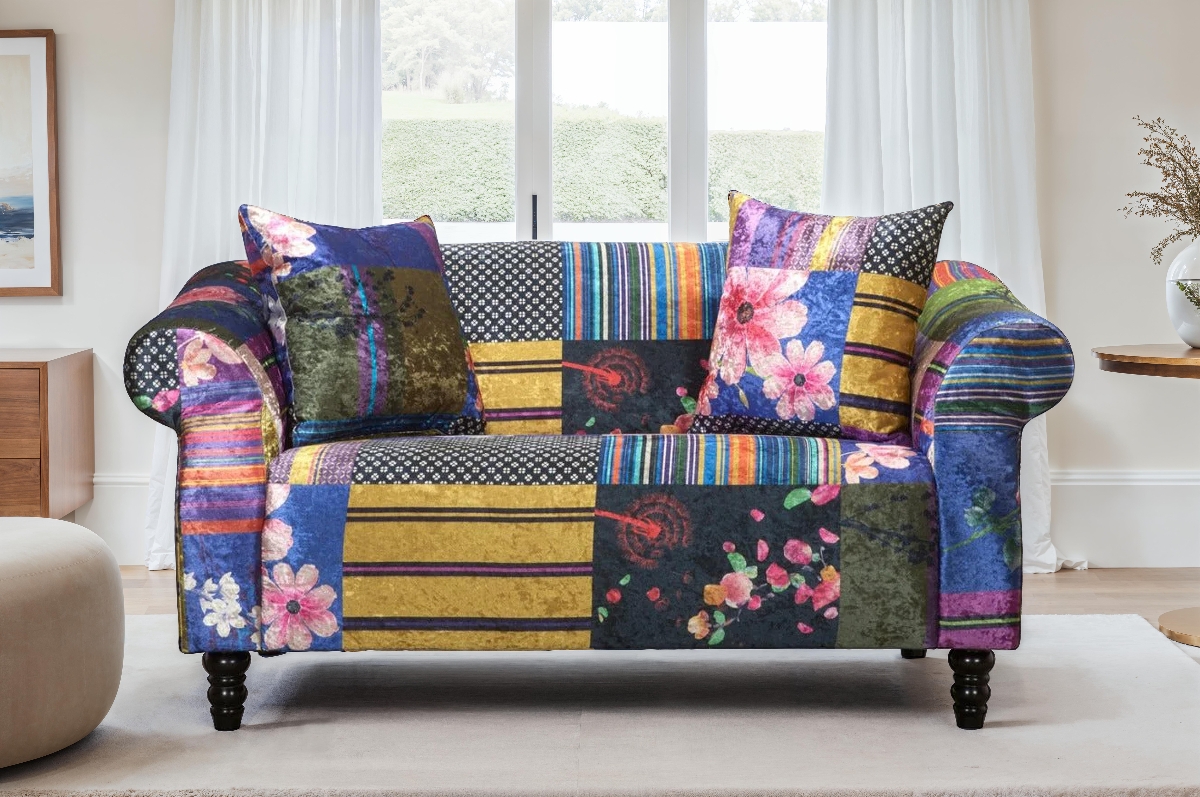 Loveseat in Floral Pattern Patchwork with Scrolled Arms