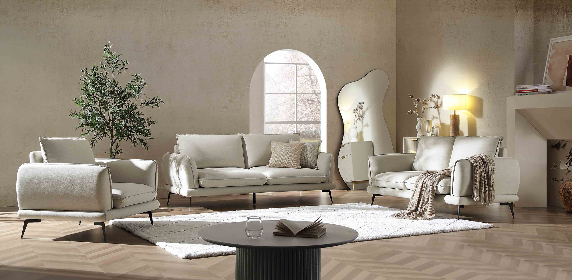 Loveseat Sofa Rounded Armrests Slim Black Metal Legs