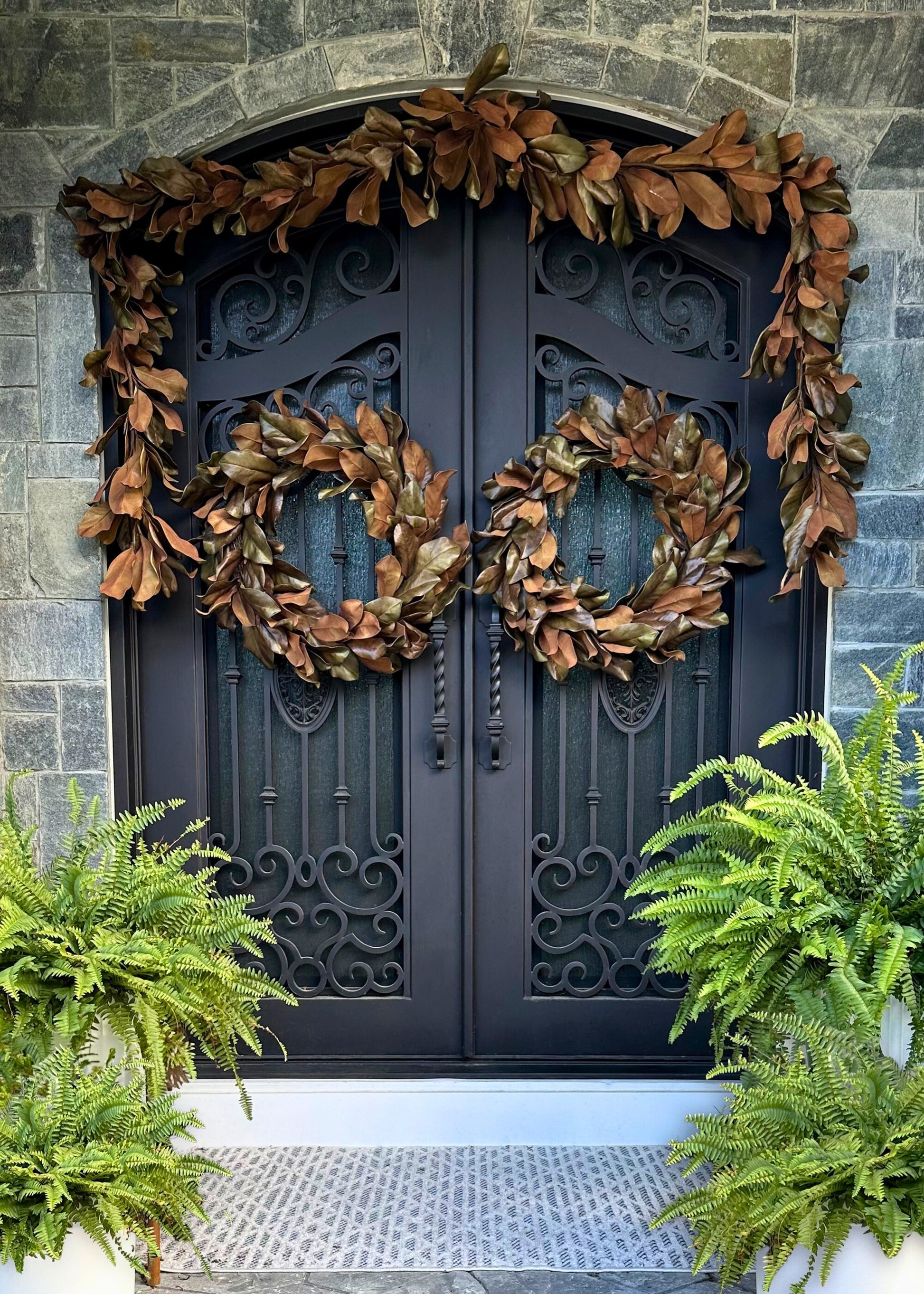 Magnolia Leaf Wreath in Dual Arrangement for Double Doors