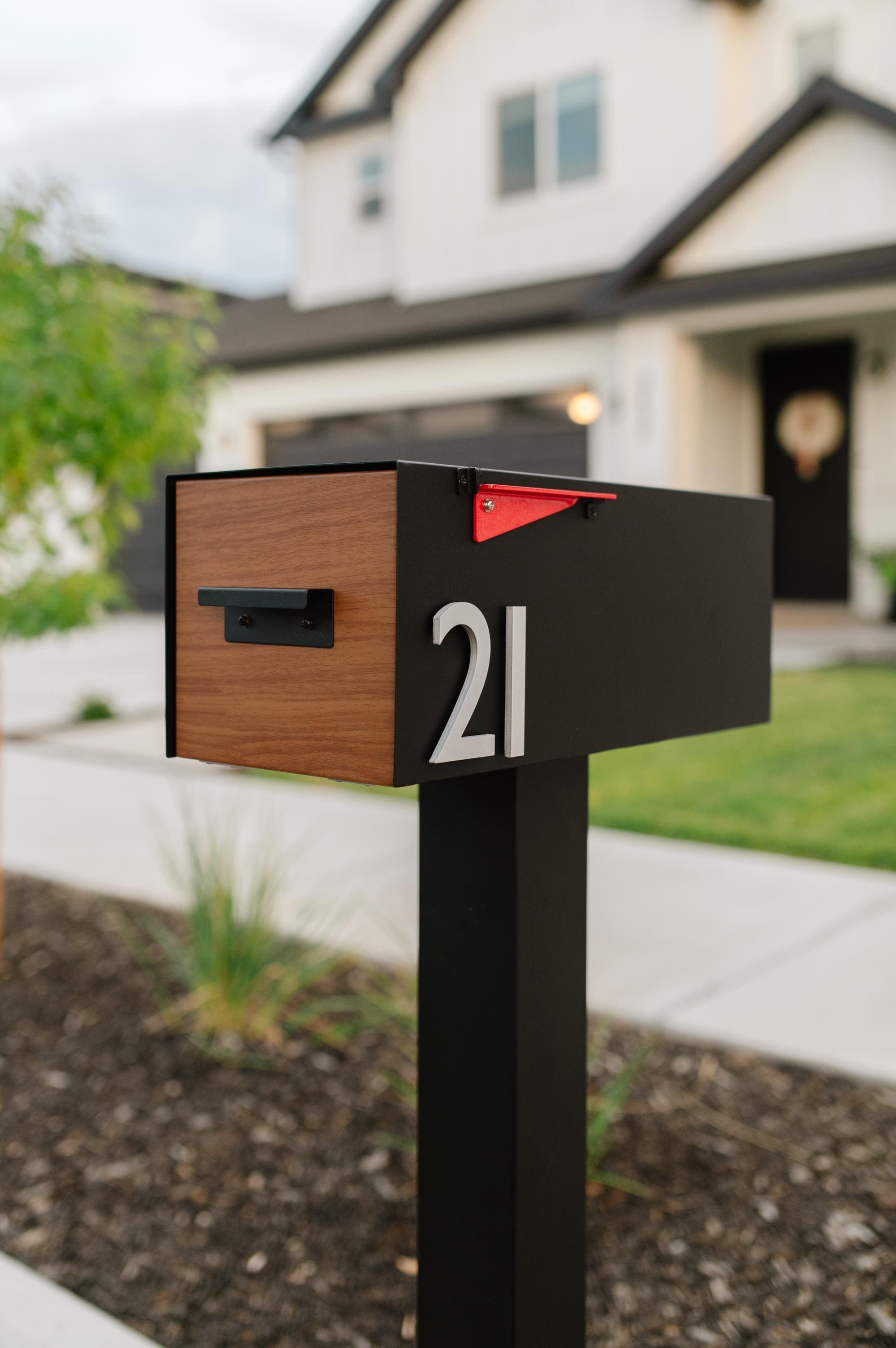 Mailbox Wood Toned Front Matte Black Custom Number