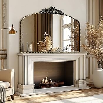 Mantel Mirror: Matte Black Beaded Frame Ornate Floral Crest Decor