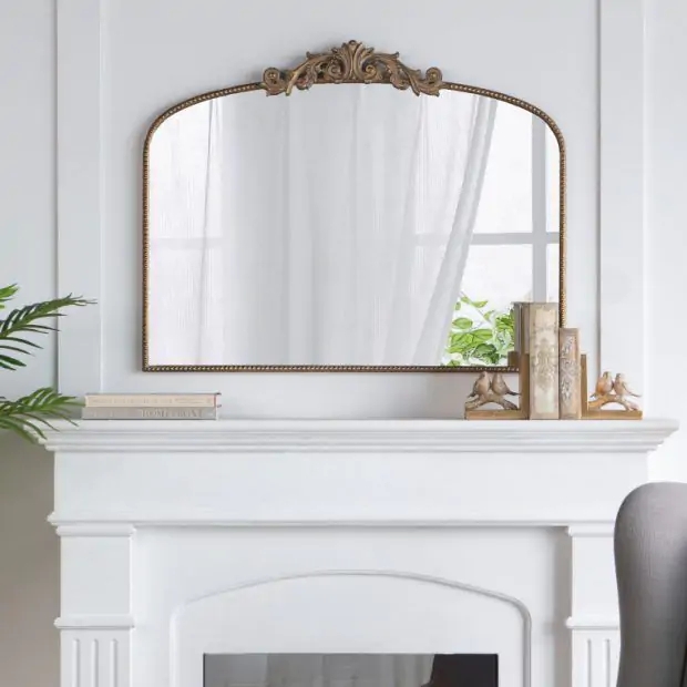 Mantel Mirror Scrollwork Pediment Beaded Gold