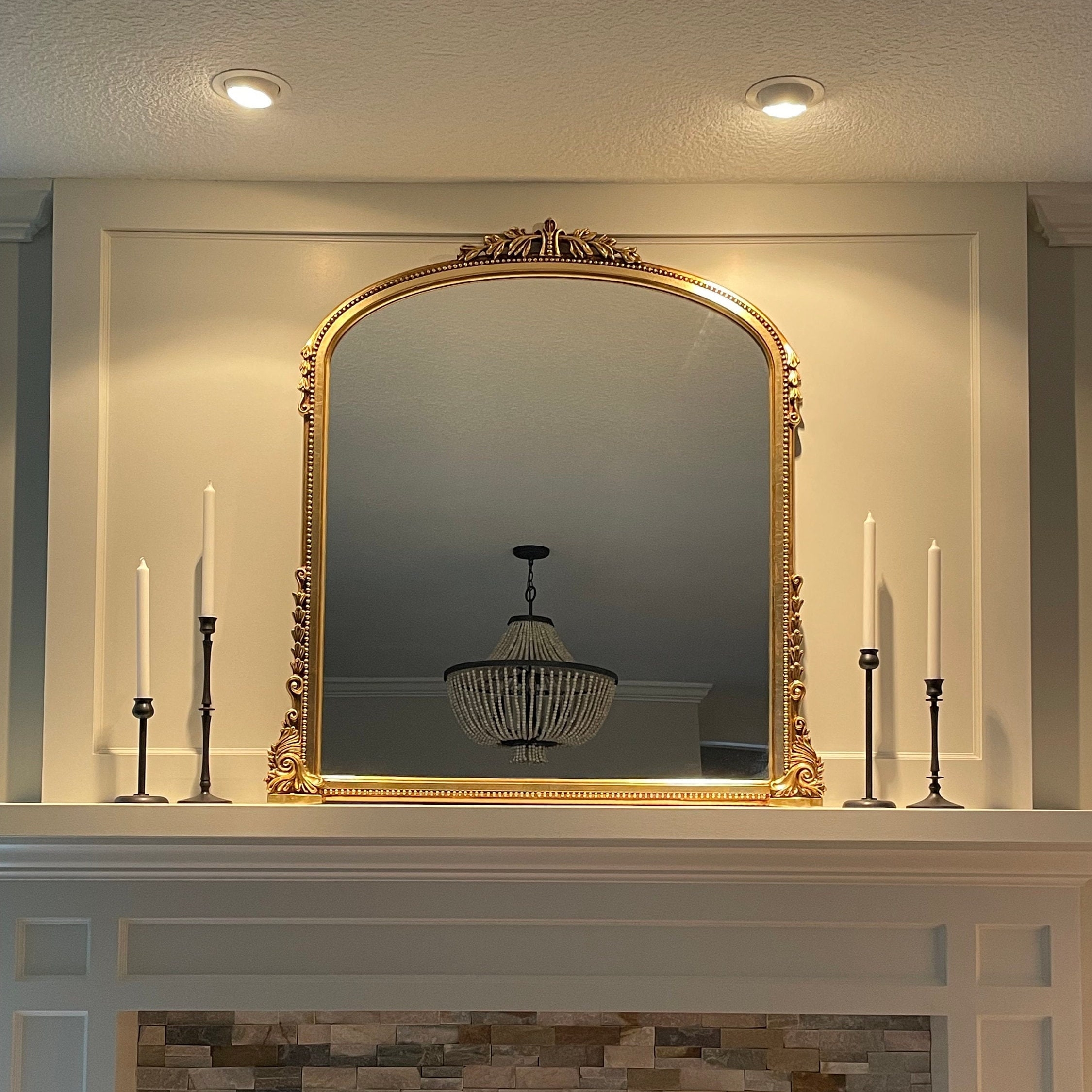 Mantle Mirror Beaded Trim Arched Gold Ornament