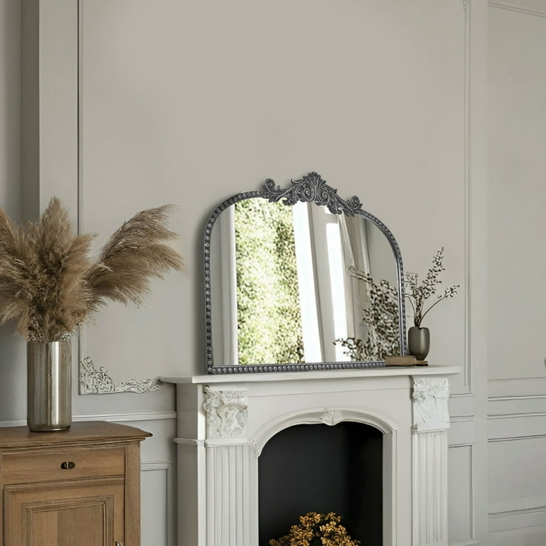 Mantle Mirror Filigree Crest Antique Silver Arch