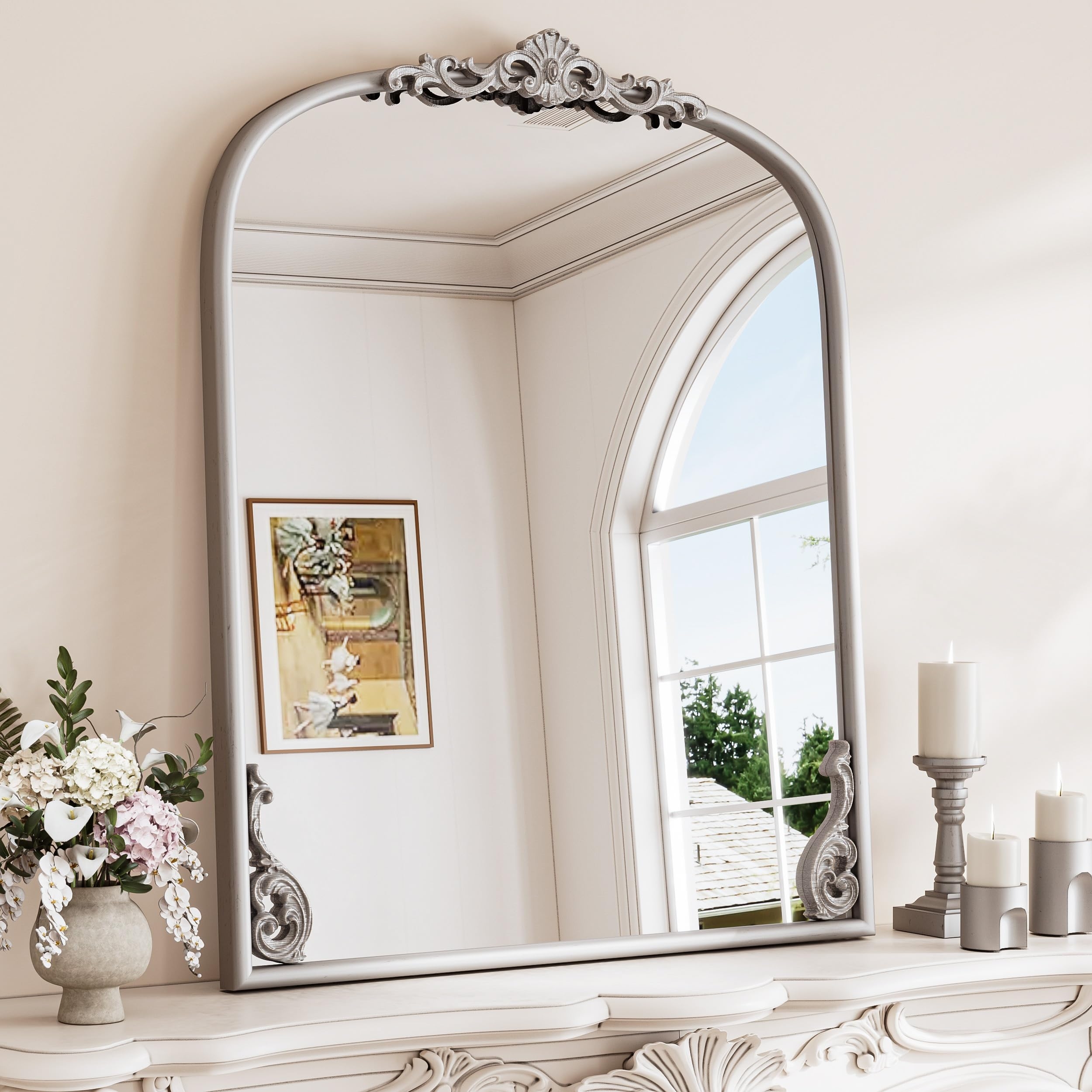 Mantle Mirror Ornate Crest Antique Silver Accent