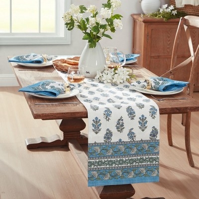 Medallion Table Runner: Cerulean Blue Block Print