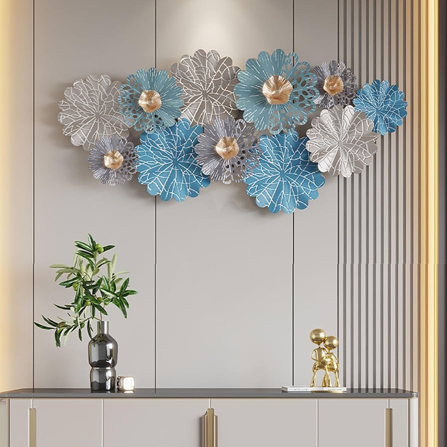 Metal Wall Art Filigree Petals Overlapping Blue Floral Sculpture