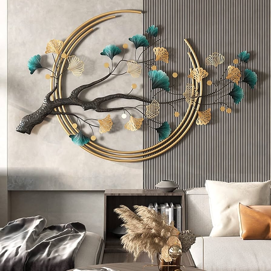 Metal Wall Art Ginkgo Leaf Motif Teal Gold Nature Hanging