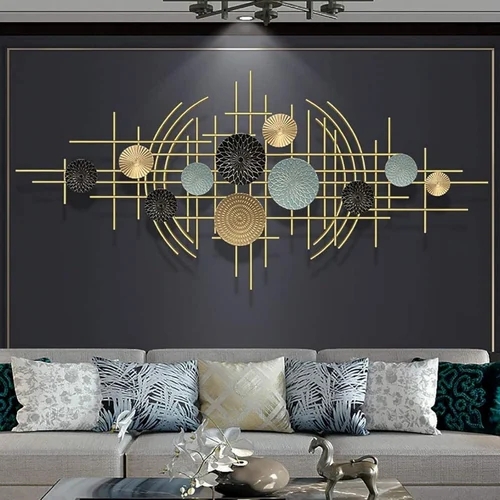 Metal Wall Art Gold Geometric Grid Textured Circle Art Piece