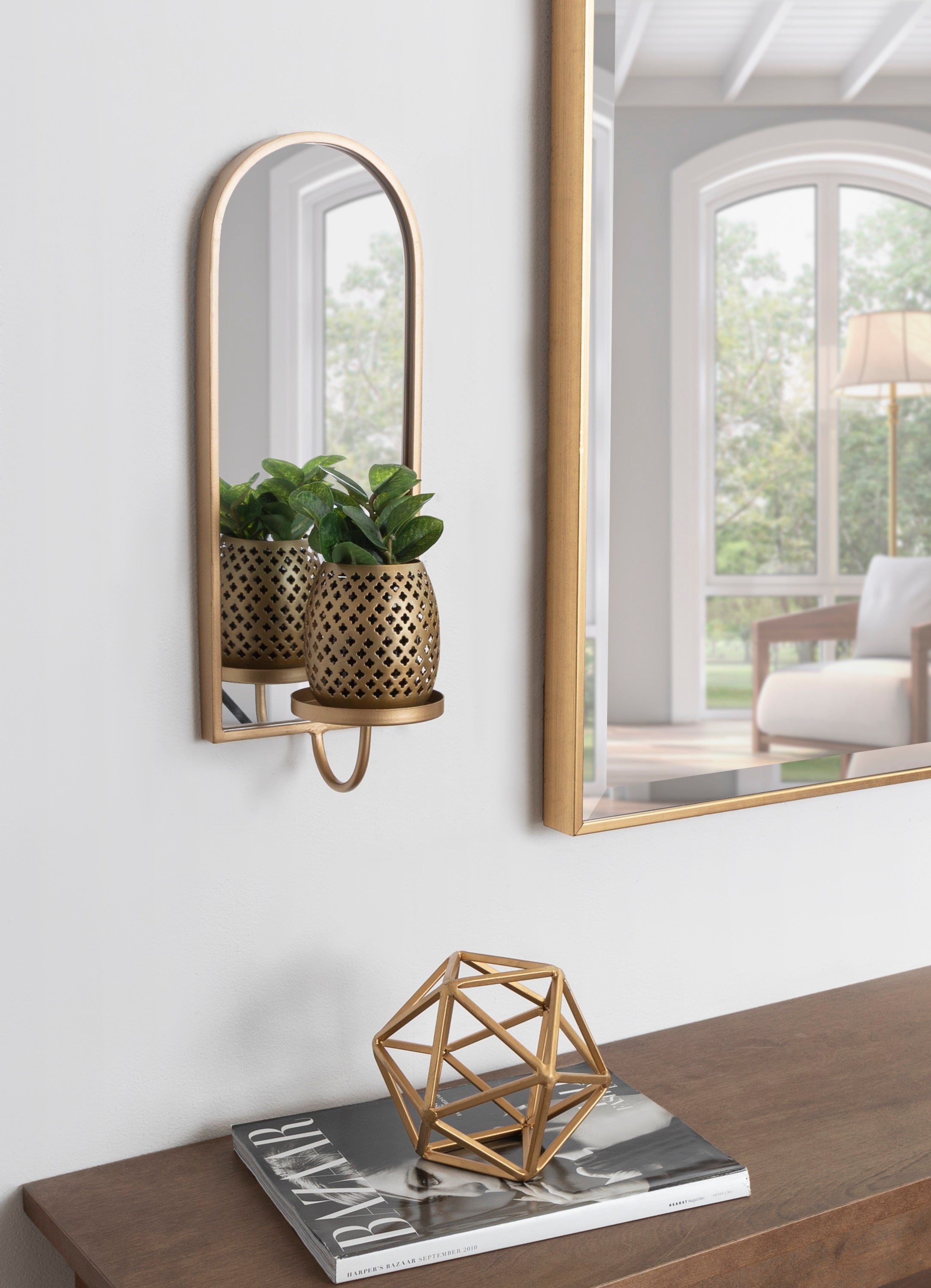 Mirror Sconce: Arched Brass-Toned Frame with Integrated Shelf