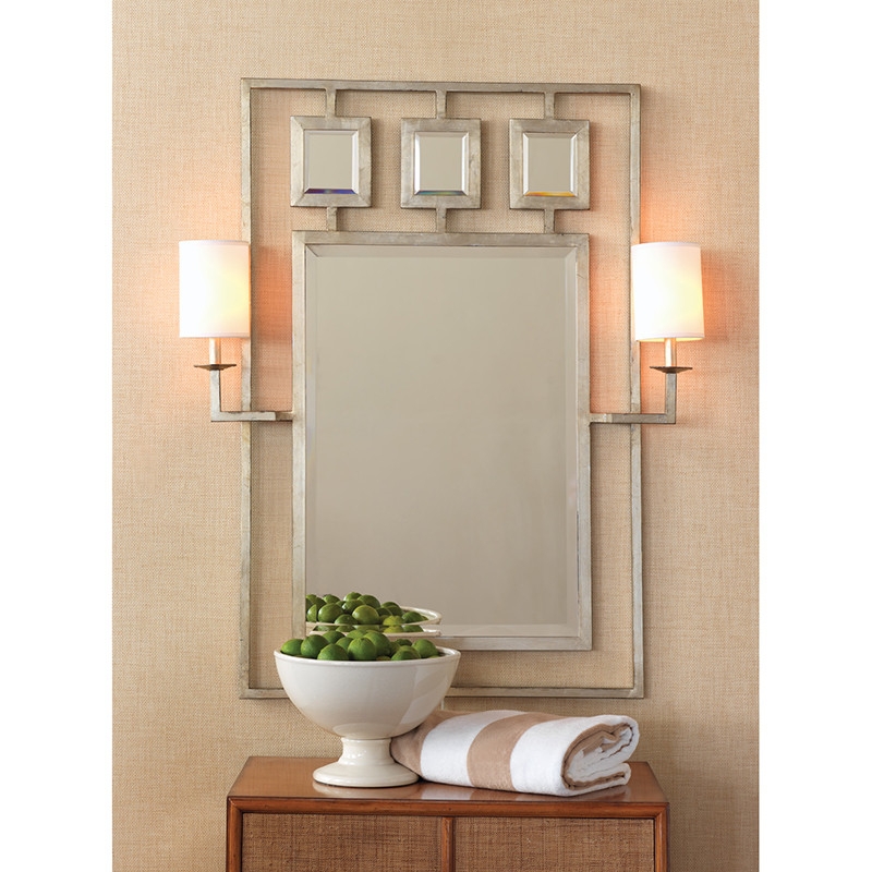 Mirror With Sconces: Silver Leaf Geometric Frame Overlay