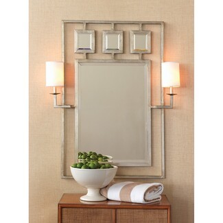 Mirror With Sconces: Silver Leaf Geometric Frame Overlay