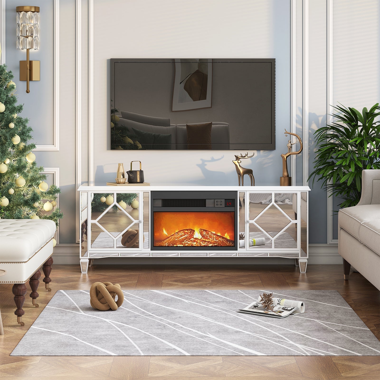 Mirrored Fireplace Tv Stand in Arctic White & White Media Console
