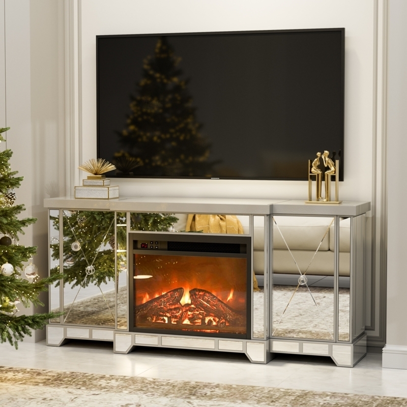 Mirrored Tv Stand with Diamond Trellis & Glam Entertainment Unit