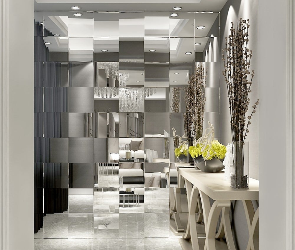 Mirrored Wall Paneling with Grid Mirror Layout and Foyer Mirror