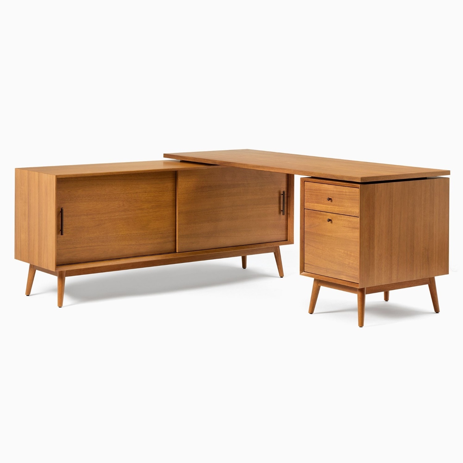Modular Desk Sliding Doors Walnut Wood Modular L-Shape Return
