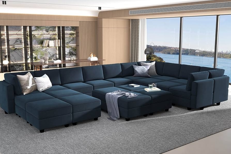 Modular Sectional in Navy Blue Velvet U-Shaped Couch Design