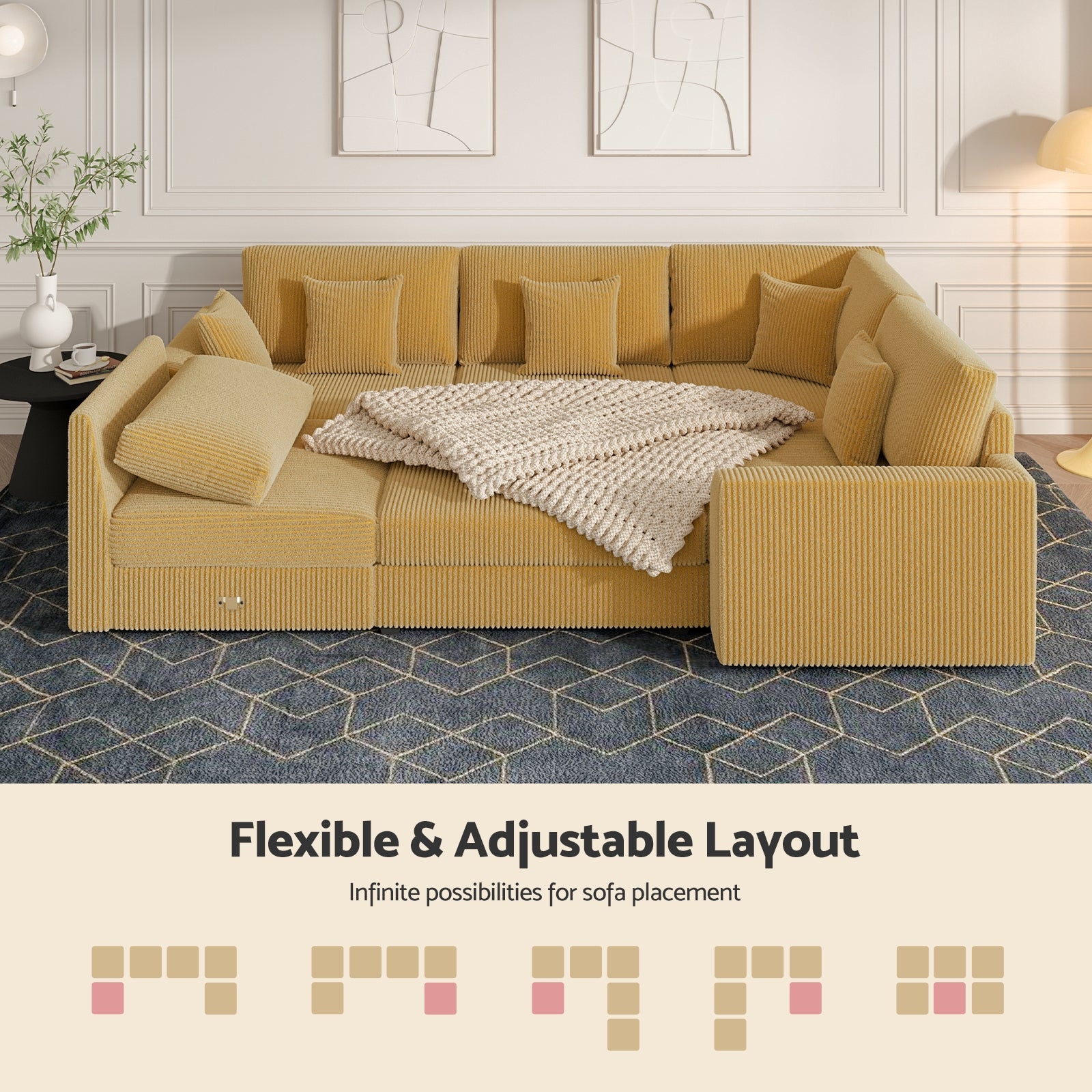 Modular Sectional Sofa with Mustard Yellow Ribbed Fabric