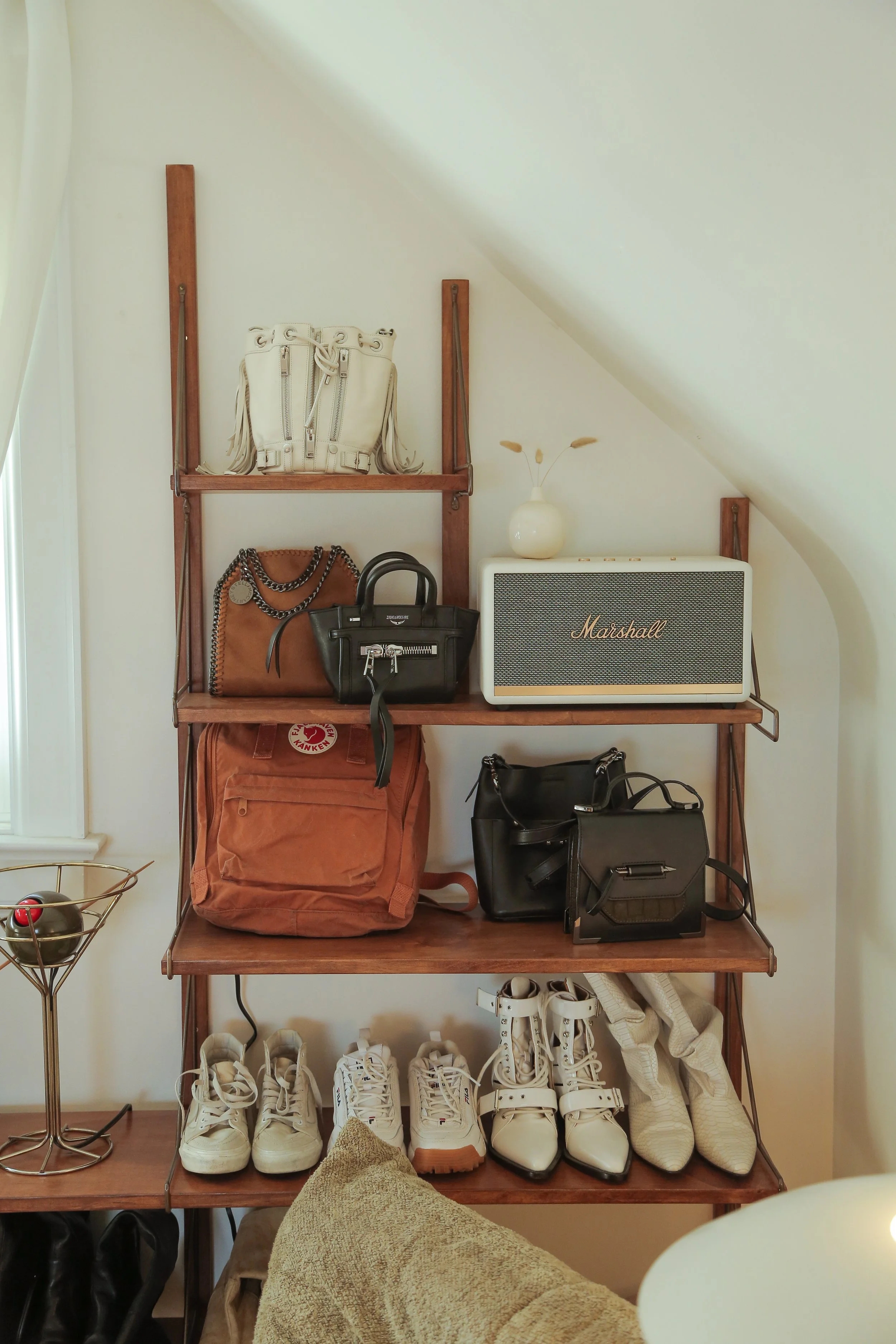 Modular Shelving Unit for Attic Storage with Walnut Finish