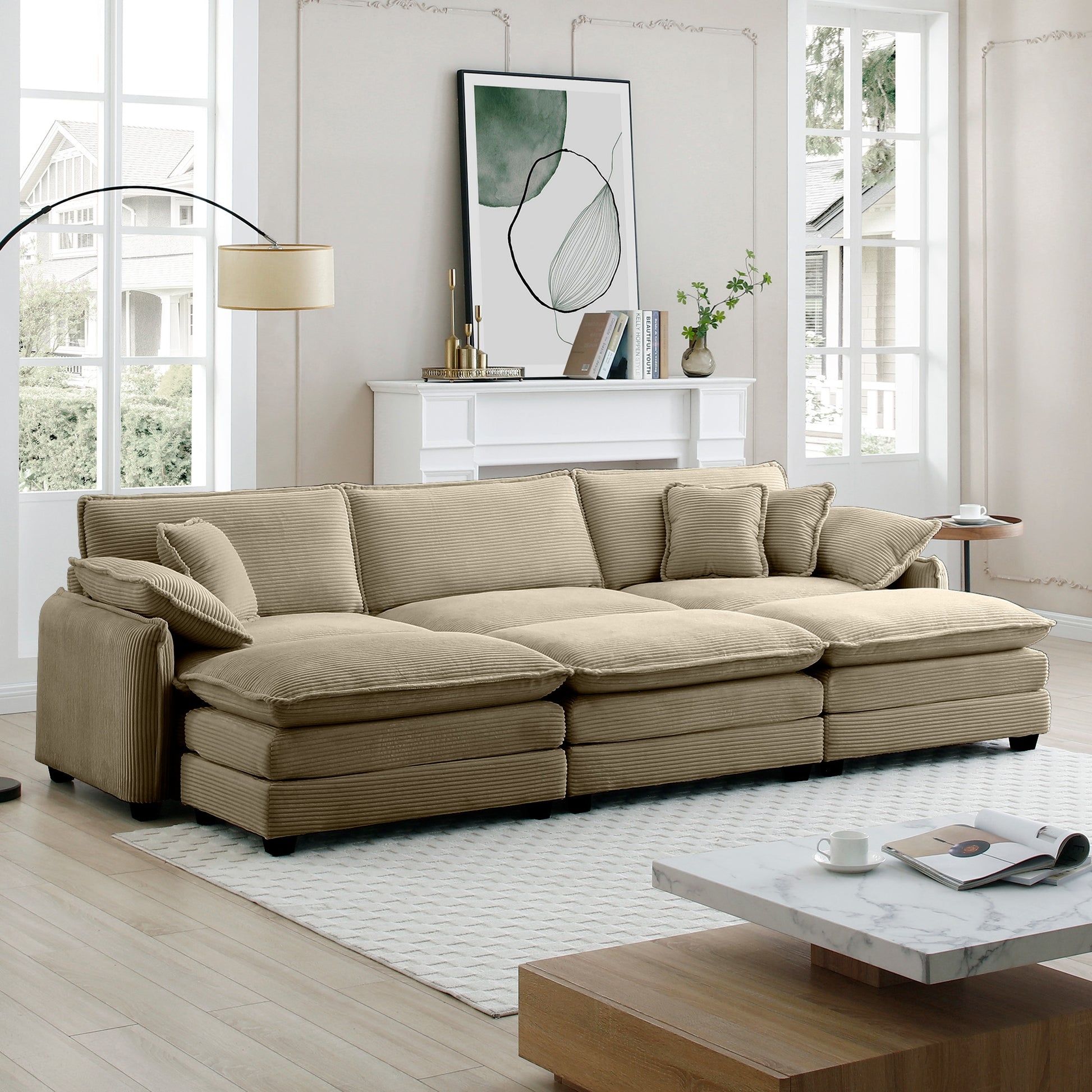 Modular Sofa with Corduroy Upholstery and Plush Cushions