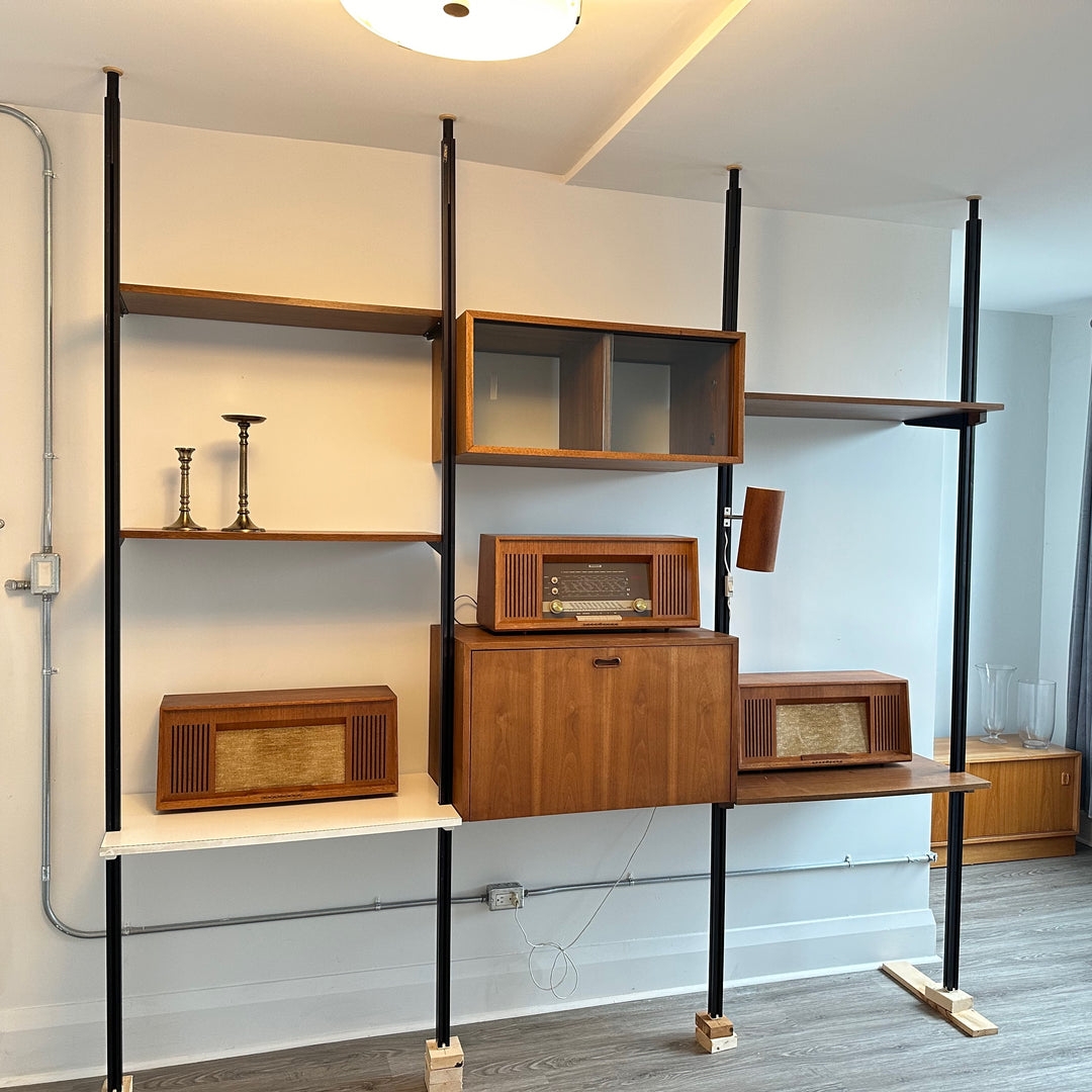Modular Wall Unit With Tension Poles and Vintage Radios
