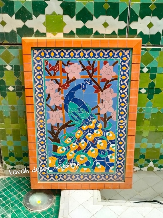 Mosaic Wall Art: Peacock Motif Zellige Artisanal Decor
