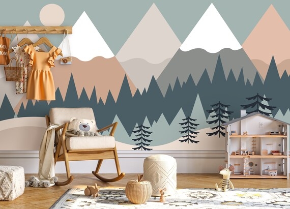 Mountain Wall Decal: Earthy Palette Geometric Woodland Decor