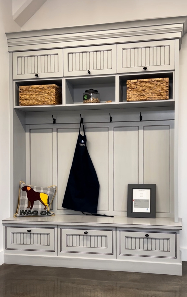 Mudroom Bench: Light Gray Custom Mudroom Built-In Accents