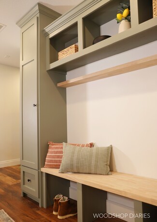 Mudroom Bench with Sage Green Finish and Floating Shelf
