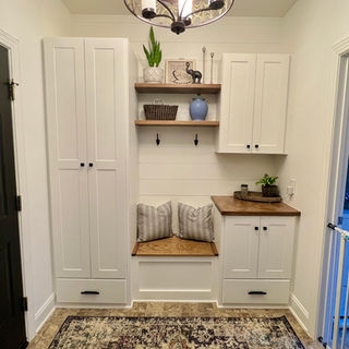 Mudroom Cabinetry: Shiplap Backing With Wood Topped Bench