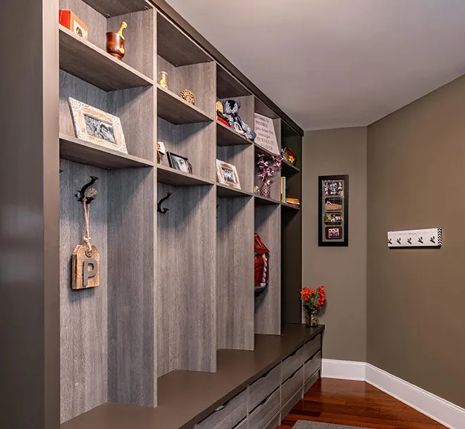 Mudroom Cabinetry: Weathered Grey Mudroom Storage Dividers