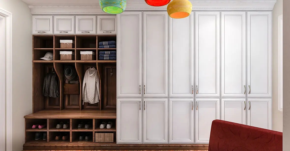 Mudroom Cabinetry with Dual Finish and Floor-to-Ceiling
