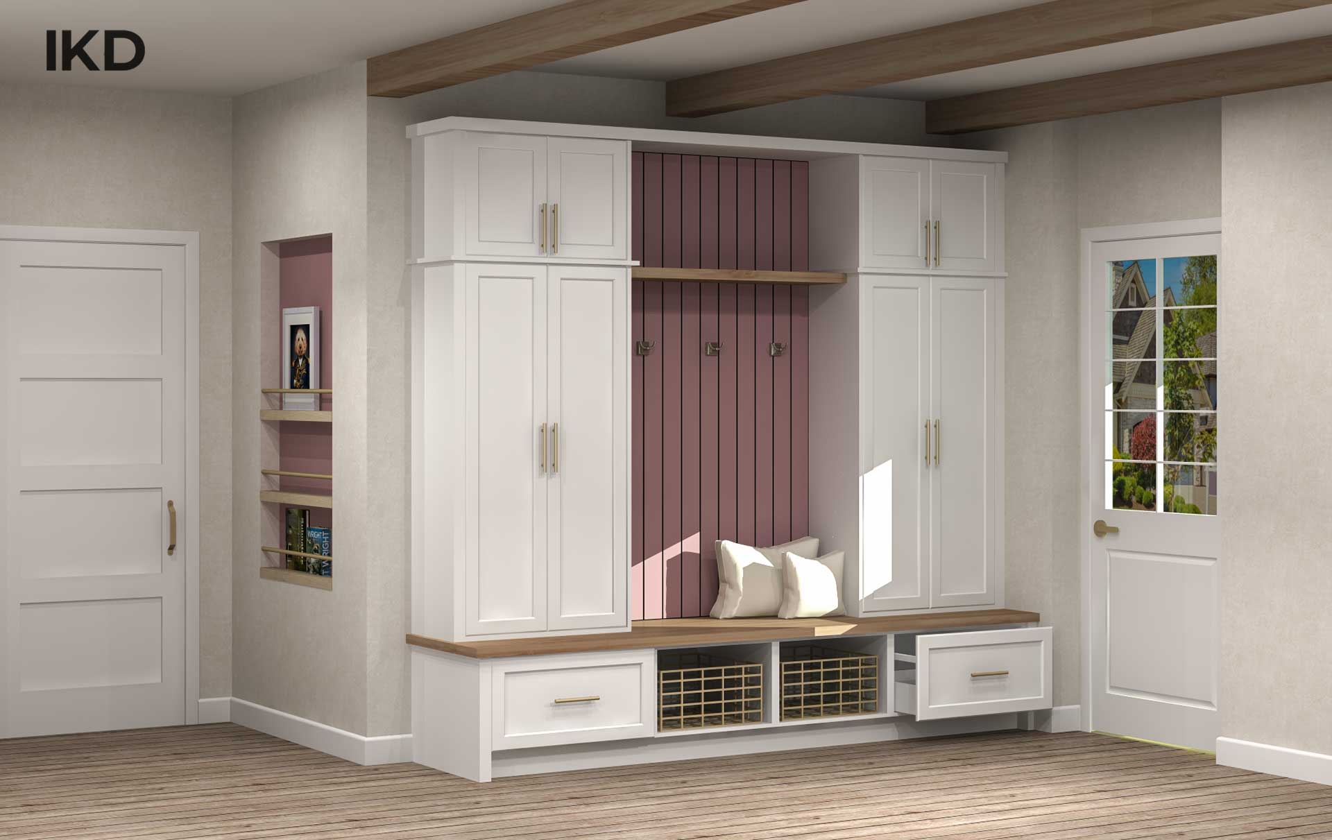 Mudroom Cabinetry with Dusty Rose Accent and Wood Beams