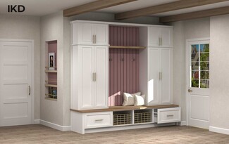 Mudroom Cabinetry with Dusty Rose Accent and Wood Beams