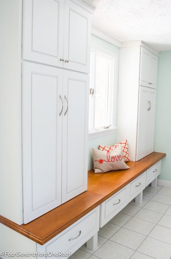 Mudroom Cabinetry with Window Integrated Storage and Bench