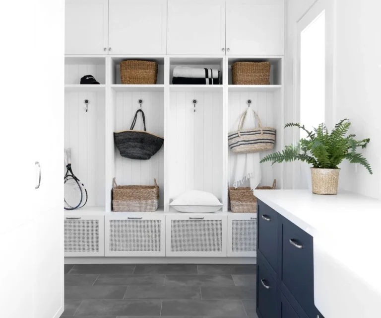 Mudroom Storage: Mesh Front Drawers With Navy Blue Island
