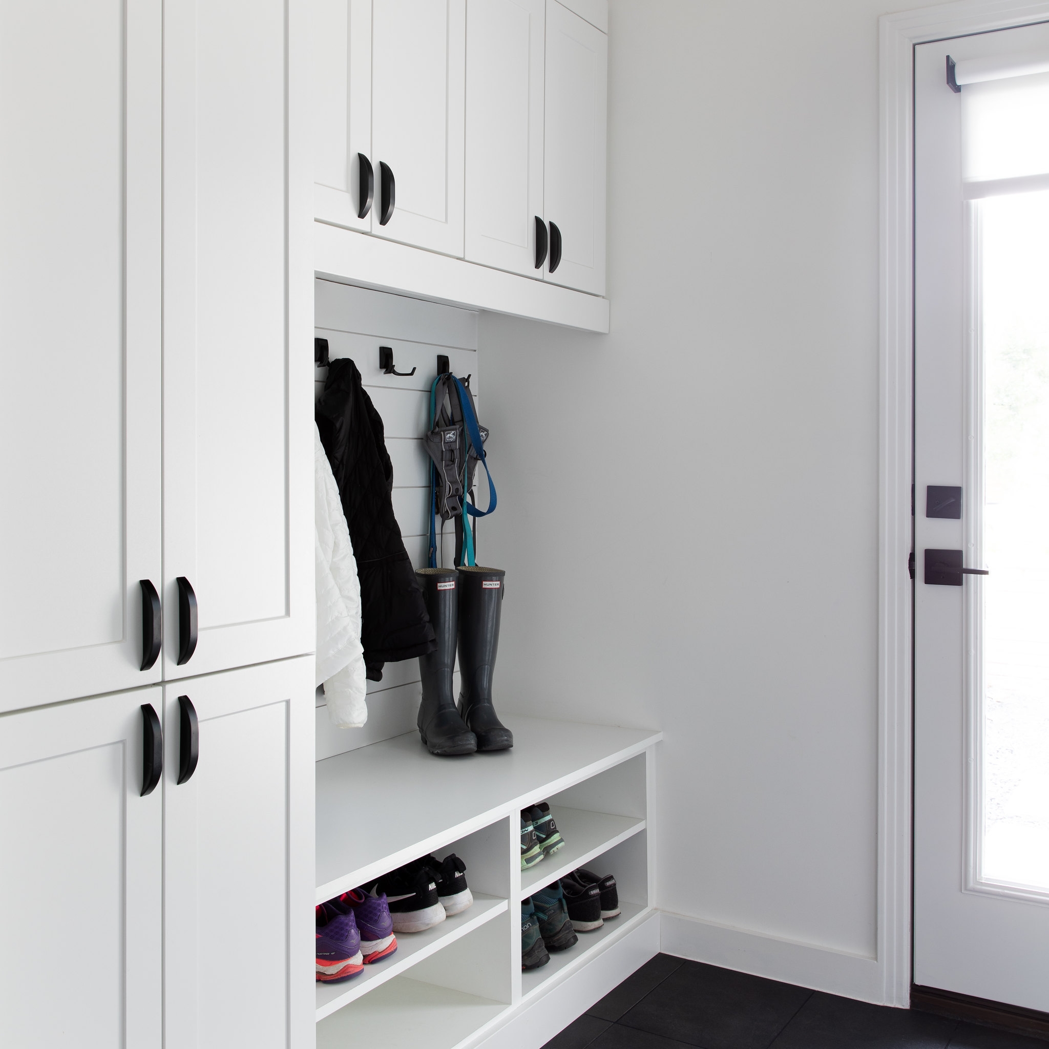 Mudroom Storage: White Shaker Style Utility Cabinets With Hooks