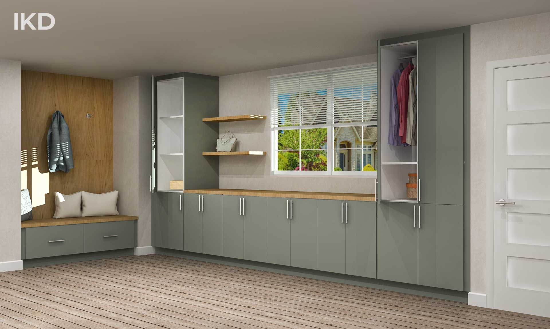 Mudroom Storage with Wood Slat Accent and Sage Green