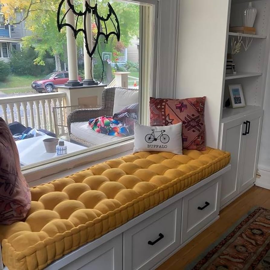 Mustard Yellow Cushion with Deep Tufting for Window Seat