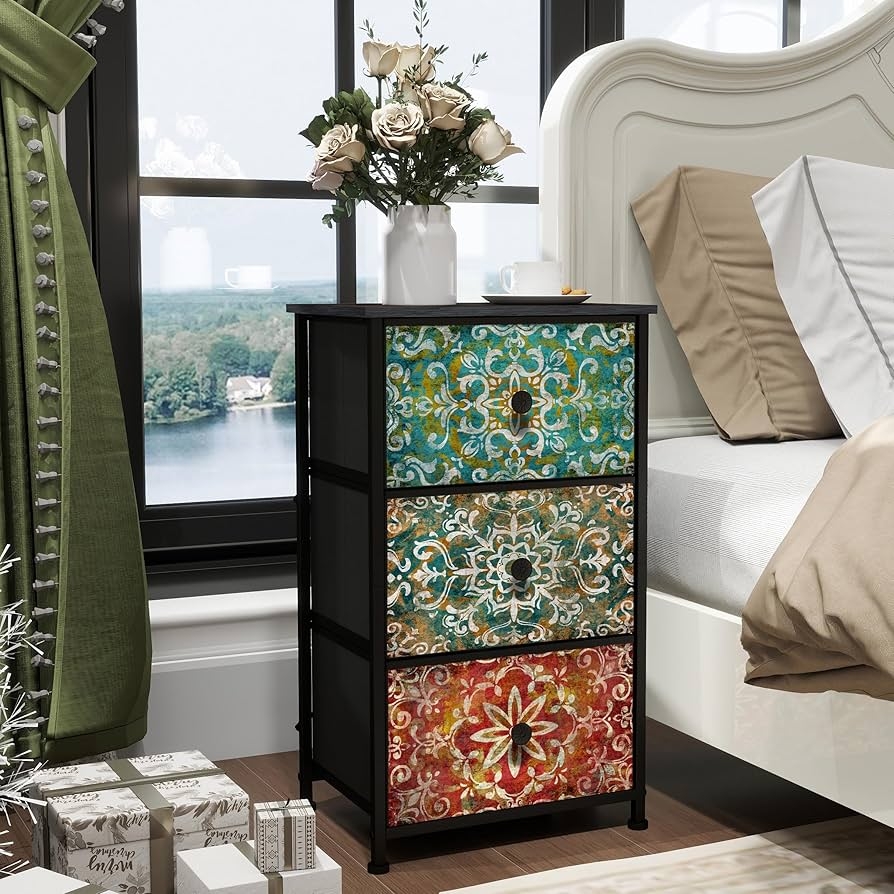 Narrow Chest Of Drawers Mandala Print Fabric Storage Tower