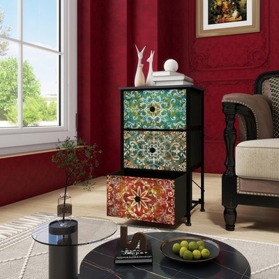Narrow Dresser Fabric Drawers Mandala Pattern Dresser Compact Storage